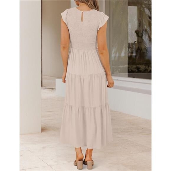 Women's Apricot Summer Casual Flutter Short Sleeve Crew Neck Smocked Maxi Dress - Picture 3 of 6